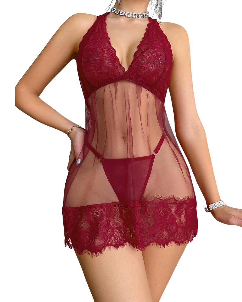 Adrianna™ | Koronkowa Halter Babydoll z Stringiem